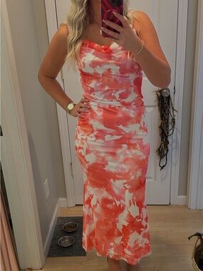 Amazon Coral and White Printed Maxi Dress- SMALL
